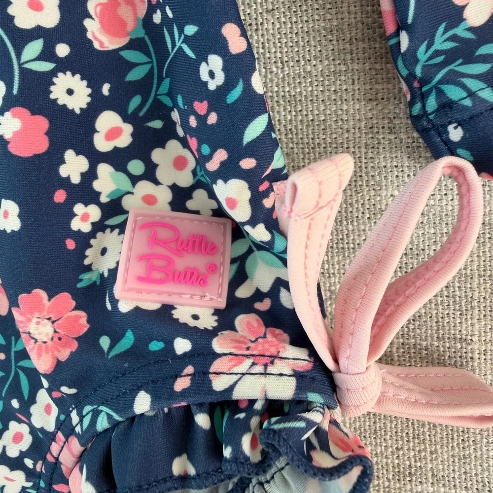 Ruffle Butts Long Sleeve Swimsuit 6-12 Months Blue Floral With Hat‎